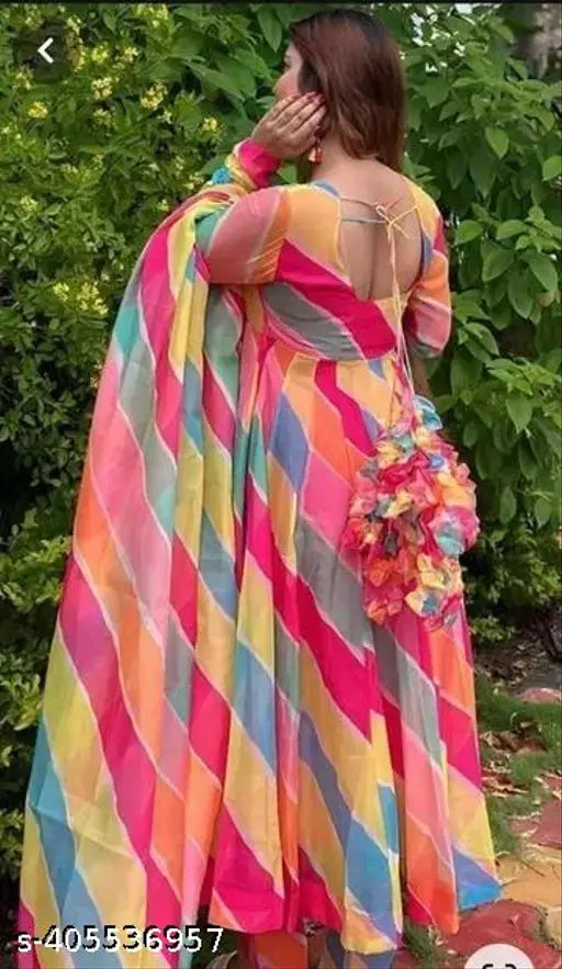 Striped Georgette long-sleeve women's gown from India. Classic designer, partywear in sizes S-XXL