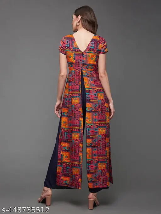 Multicolor navy blue bohemian viscose rayon jumpsuit with keyhole neck, regular sleeves, and back closure - women's fashion from India