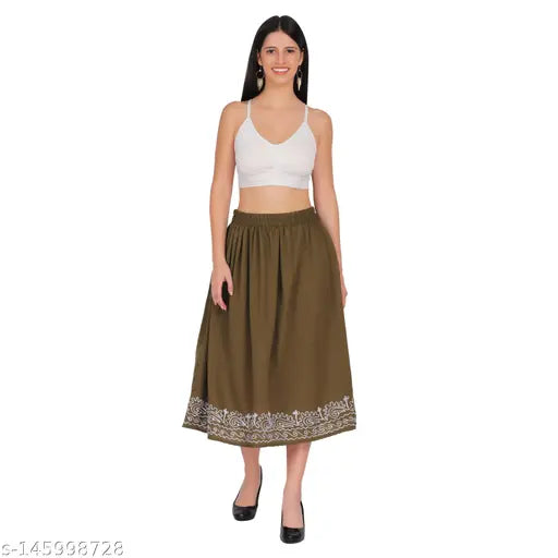 Crepe polyester embroidered calf-length skirt combo pack of 2 with elasticated belts, solid color and various sizes available