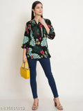 9 Impression Women Black Leaf Printed Mandarin Collar Pintucks Longline Top