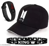 Black cotton BTS cap with LED band watch and free king bracelet, classic Korean design for men and boys