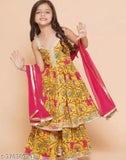Rayon kids kurta sharara set with chiffon dupatta, printed in vibrant Indian patterns for 5-6, 7-8 years old