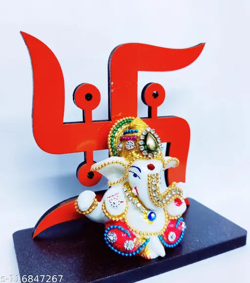 Stone-decorated wood base Lord Ganesha statue, modern & spiritual home decor (5.5cm x 11cm x 12cm)