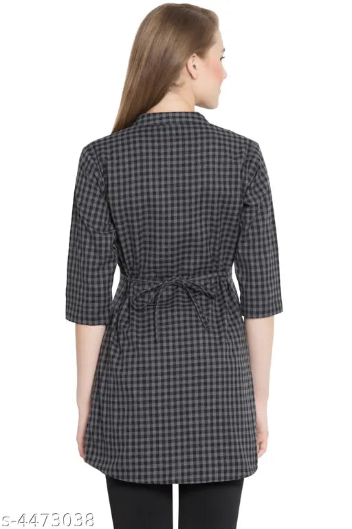 Grey checked cotton tunic top, 3/4 sleeves, V-neck, mandarin collar, button front – women's casual wear from India