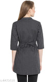 Grey checked cotton tunic top, 3/4 sleeves, V-neck, mandarin collar, button front – women's casual wear from India