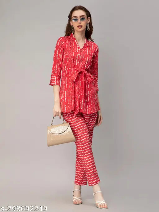 Red printed cotton coords set for women: 3/4 sleeves, v-collar, button closure with belt, pocket included, 100% cotton