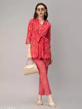 Red printed cotton coords set for women: 3/4 sleeves, v-collar, button closure with belt, pocket included, 100% cotton
