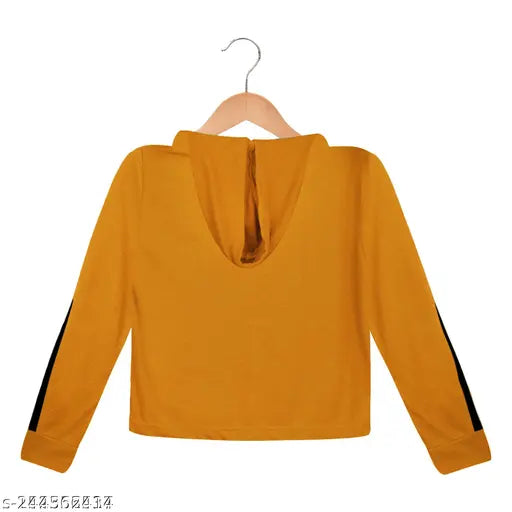 Mustard cotton blend, butterfly-printed ladies and girls cropped hoodie sweatshirt, women's fashionable pullover with long sleeves on display