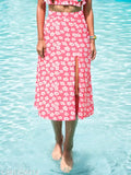 Pink printed midi skirt with spaghetti strap top