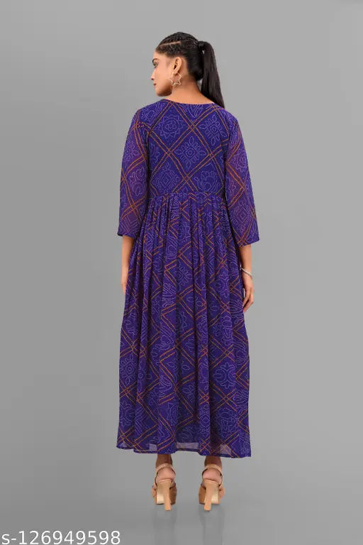 Blue Georgette Bandhni Styles Kurti, long sleeves, single size prints available: S (36in bust, 52in length), M (38in bust, 52in length), L (40in bust, 52in length), XL (42in bust, 52in length), XXL (44in bust, 52in length)