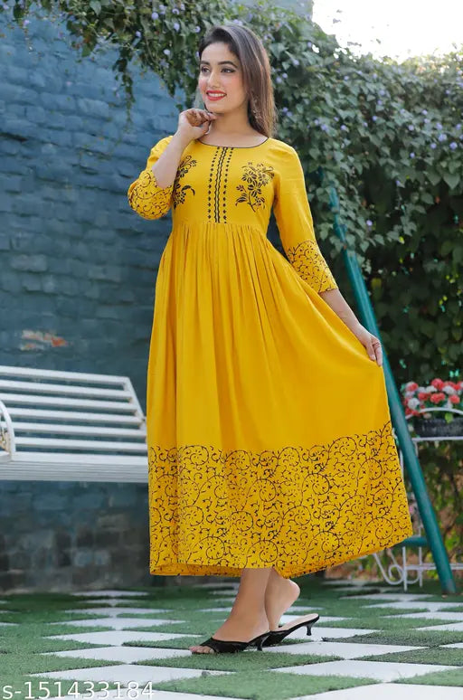 Rayon hand block-printed mustard Anarkali Kurti for women, vibrant Indian party wear with three-quarter sleeves