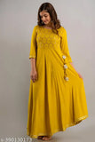 Yellow embroidered round neck long kurta with flared bottom