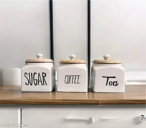 Ceramic kitchen tea coffee sugar canister set, airtight glass and wood, includes 3 jars