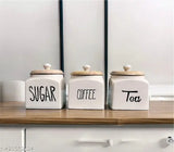 Ceramic kitchen tea coffee sugar canister set, airtight glass and wood, includes 3 jars