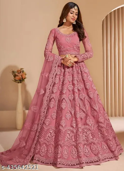 Embroidered chain work lehenga set, free size net fabric Indian ethnic wear