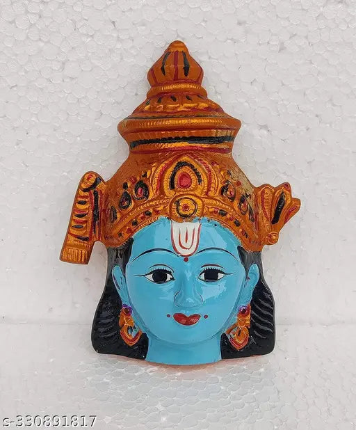 Metal Vishnu Krishna Narayana Face Idol, 7x5 inches, Indian God figurine for pooja or home decor