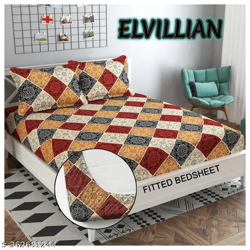 Ethnic motif cotton, elastic double bedsheet with 2 pillow covers, 90x90 inch and deep pocket size 6 inch, ideal for summer adult use