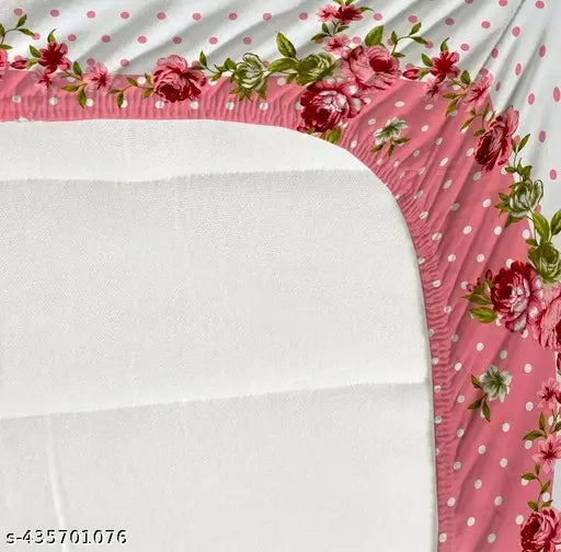 Pink dot glace cotton fitted double bedsheet with 2 pillow covers, floral print. Fits up to 8-inch mattresses (72x78x8 inches). Breathable, wrinkle-free, and easy to wash