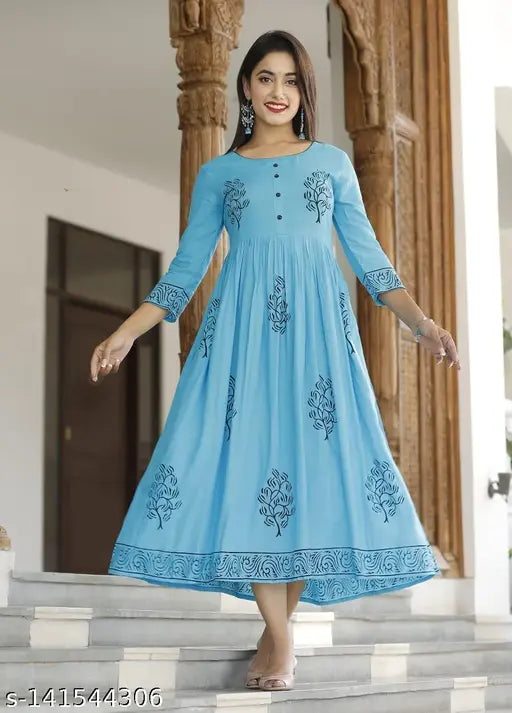 Aqua blue rayon anarkali kameez with hand block printed detailing