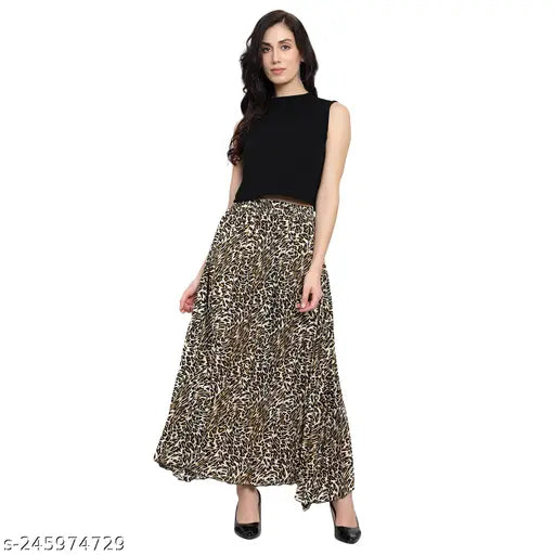 Black and gold pleated party skirt, long length, printed design