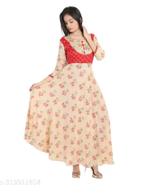Long Anarkali Floral Kurta, Red Cotton, Sleeveless