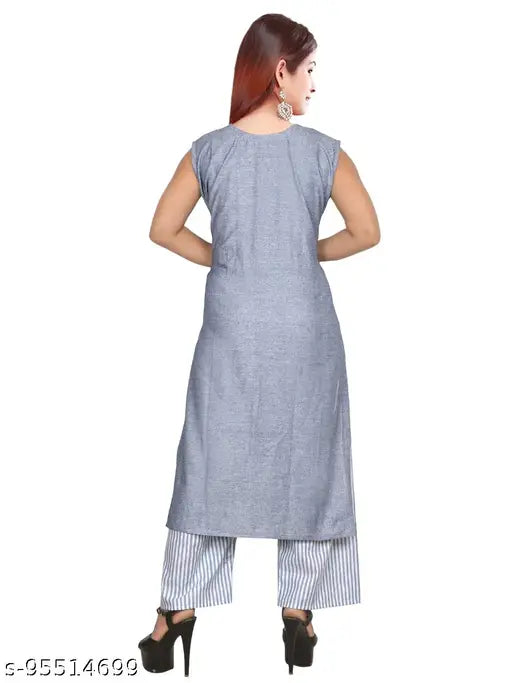 Stylish cotton sleeveless kurta with palazzo pants set for women, solid color, Indian-made