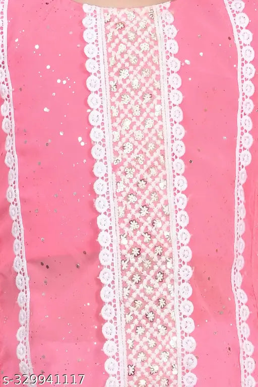 Girls' chiffon cotton kurta set with palazzo pants & kaftan, A-line style. Perfect for kids, self-design pattern, max comfort. Indian fashion for every occasion