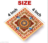 Handcrafted marble Pooja Chowki set (4x4 inches), adorned with kundan stones and red embellishments, perfect for temple decoration or puja room