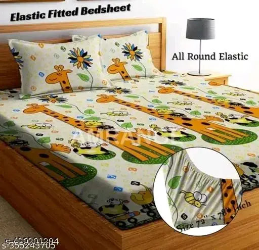 Fitted elastic cotton double bedsheet with floral pattern, superfine quality and two matching pillow covers - ideal for summer, adult use. Made in India