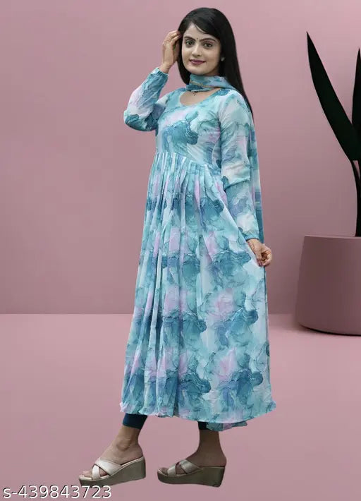 Stylish printed Georgette gown, long sleeves, party wear, women's fashion, FOXY HAVEY design, India origin