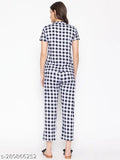 Striped cotton blend night suit set for women, short-sleeved t-shirt and pyjama pants with checked pattern, made in India (M: Top bust 36in, top length 26in, bottom waist 26in, bottom length 37in)