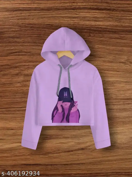 Purple colorblocked cotton blend Bts Girl drawstring long sleeve croptop hoodie, suitable for kids aged 4-16 years