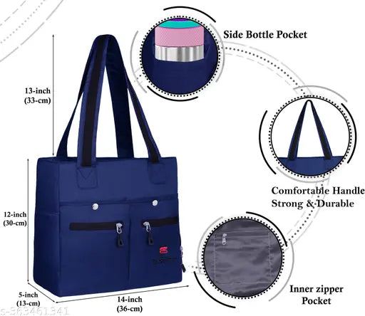 Blue fabric shoulder bag, 15 liter capacity, side pocket