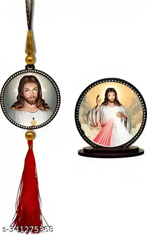 High-quality wooden matte finish Lord Jesus dashboard idol, double-sided for car and home decorative showpiece. Made in India