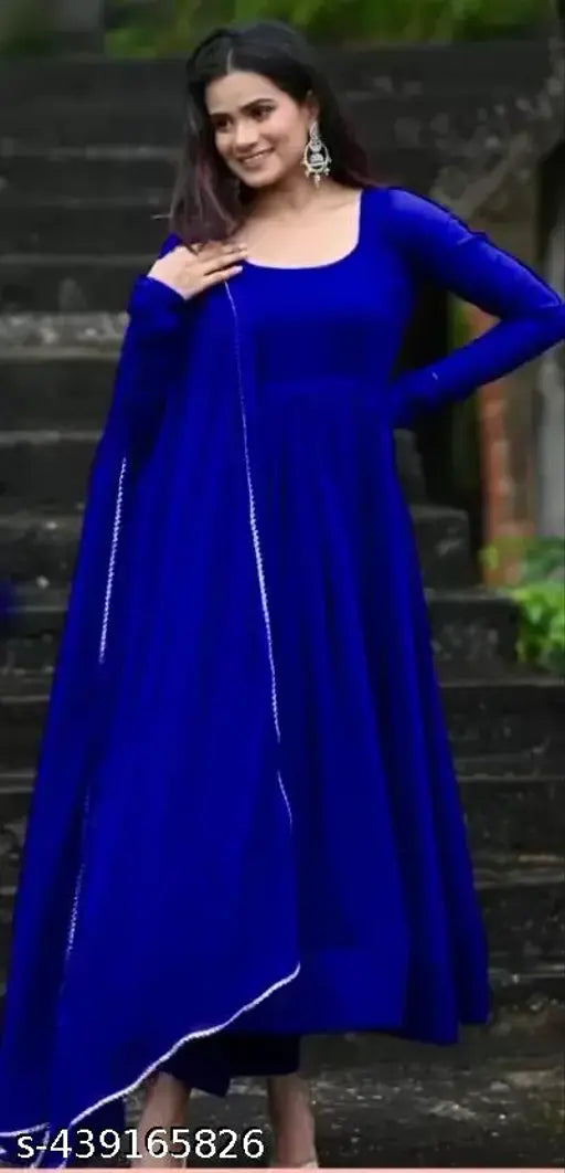 Anarkali blue georgette long-sleeve kurta with dupatta, solid color Indian traditional outfit on mannequin