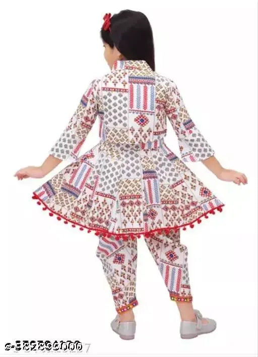 Cotton Cambric A-line dhoti pants set for girls, embellished ethnic clothes for infants to preteens. Indian origin