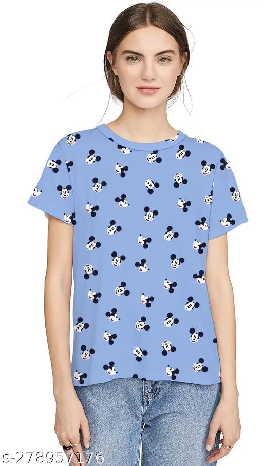 Black cotton women's digital print t-shirt with mickey mouse