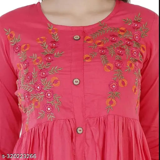 Jaipuri embroidered rayon flared long Anarkali kurtis, traditional Indian fashion with three-quarter sleeves and intricate embellishments on display, multiple sizes available