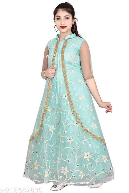 Pink silicon party gown for girls, embellished net floral design, skin-friendly polyester fabric