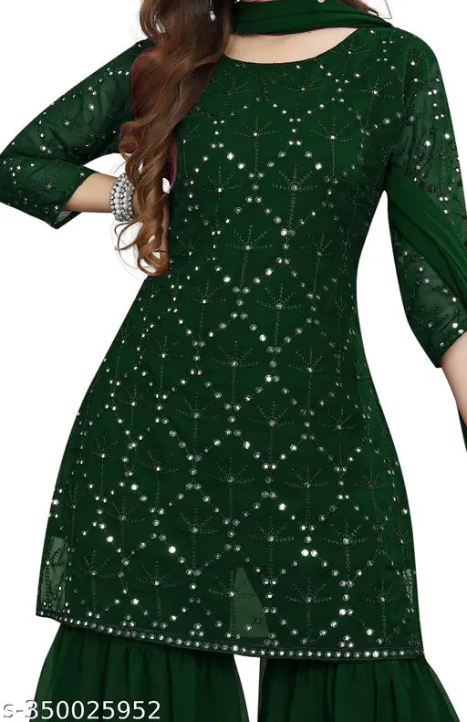 Green georgette embroidered sharara salwar suit set stitched, ready to wear