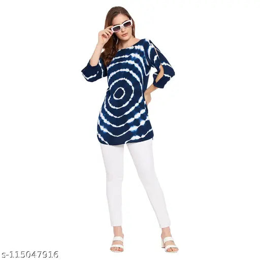 Navy blue and white tie-dye rayon tunic for women, three-quarter sleeves, handcrafted in India