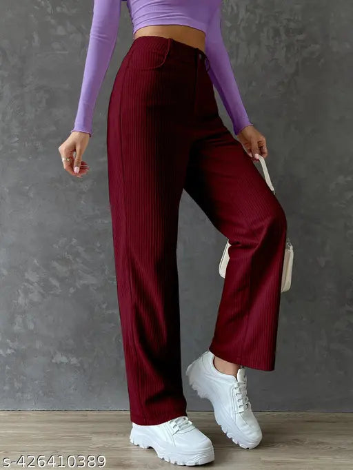 Maroon wide-leg pants with drawstring waistband