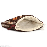 Multi-colored sling bag with a brown trim and interior pockets