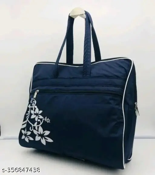 Navy blue canvas handbag, white accents, floral embroidery