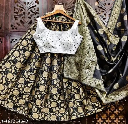 Soft silk lehenga choli set for girls and women, embellished in traditional Jacquard style with heavy Banarasi brocade blouse, Chanderi dupatta, and full flair design. Indian-made, 100% best quality. Lehenga waist and height size up to 42 inches, blouse free size, dupatta approximately 2.5 meters (with tussle). Semi-stitched lehenga with full stitched padded blouse and machine washable