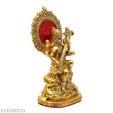 Gold plated metal Saraswati idol, decorative showpiece for home or office, durable and antique-looking, Indian handcrafted statue, well packed for delivery