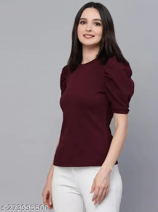 Maroon poly knit smart casual top, solid pattern, short sleeves, high neckline, Indian origin