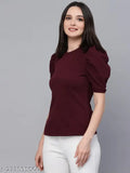 Maroon poly knit smart casual top, solid pattern, short sleeves, high neckline, Indian origin