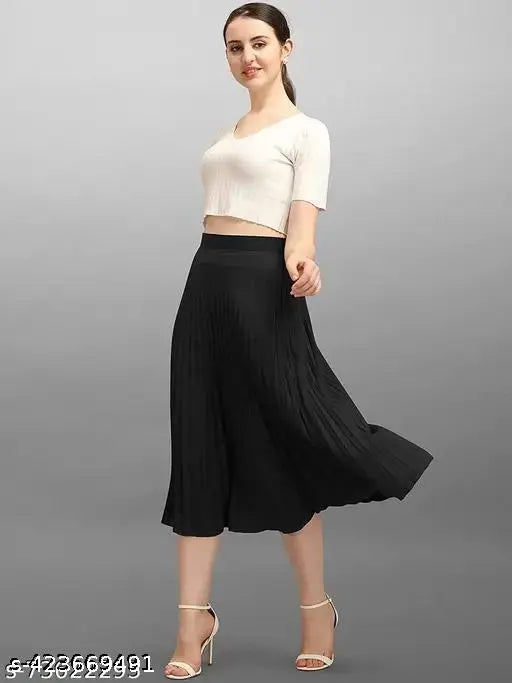 Stylish crepe western skirt with pleated design, elastic waistband, and versatile A-line hem. Mid-length, lined, and suitable for various occasions. Indian-made, size options available from 26 to 44