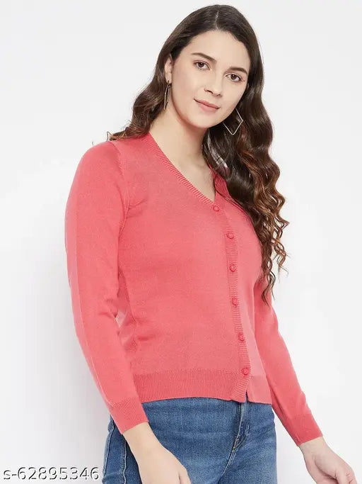 Wool Zigos Super Warm Super Soft V-Neck Full Sleeve Solid Cardigan, pink solid color, straight hem on model